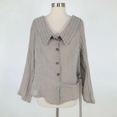 Ivan Grundahl Linen Jacket US14 44 Striped Gray Black Collared V-Neck Lagenlook - Image 1 of 4