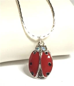 Vintage Ladybug Necklace Crystal 18" Red Enamel Lady Bug Insect Silver Plated - Picture 1 of 9
