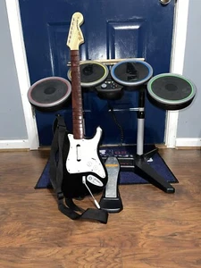 Xbox 360 RockBand Drums, Sticks, Fender Stratocaster Guitar - Picture 1 of 8