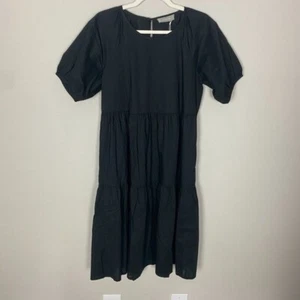 Everlane Tiered Puff Sleeve Black Dress Knee Length Cotton Womens Small - Picture 1 of 5