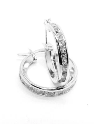 9CT HALLMARKED WHITE GOLD CHANNEL SET PRINCESS CUT 17MM HUGGIE/HOOP EARRINGS - Image 1 of 4