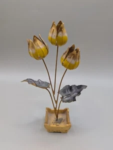 VTG Chinese Enamel Brass Floral Flower Arrangement Metal Orange MCM 5.5" - Picture 1 of 12