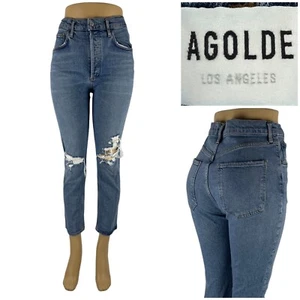 Agolde Womens 27 Riley High Rise Straight Crop Jeans Button Fly Distressed EUC - Picture 1 of 12
