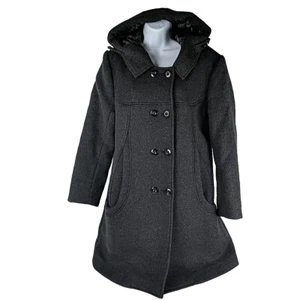 One Tooth Womens Coat Medium Hooded Wool Blend Jacket Black Hood Lined - Picture 1 of 10