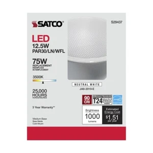 (6-Pack) Satco S29437 12.5W PAR30LN LED 60° Flood E26 Med 3500K 90 CRI Dimmable - Picture 1 of 6
