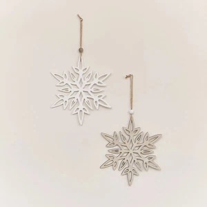 Set of 2 Large White & Rustic Wooden Hanging Christmas Snowflakes - Picture 1 of 4