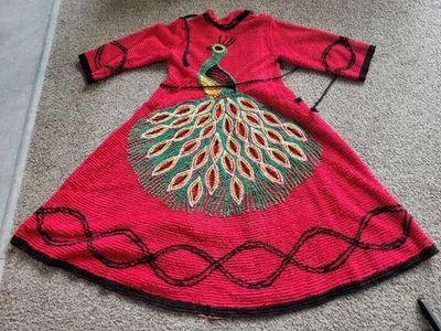 Preciosa bata roja vintage MCM pavo real chenilla años 50 algodón S/M ¡difícil de encontrar!! Foto 1 de 4