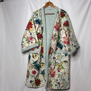 Handmade Quilted Floral Kimono Jacket Robe Bold Colorful OS Cotton 3/4 Sleeve - Picture 1 of 17