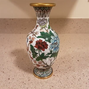 Vintage Emaille auf Messing Trennwand Blumenmuster Vase ~ 8 Zoll hoch - Bild 1 von 7
