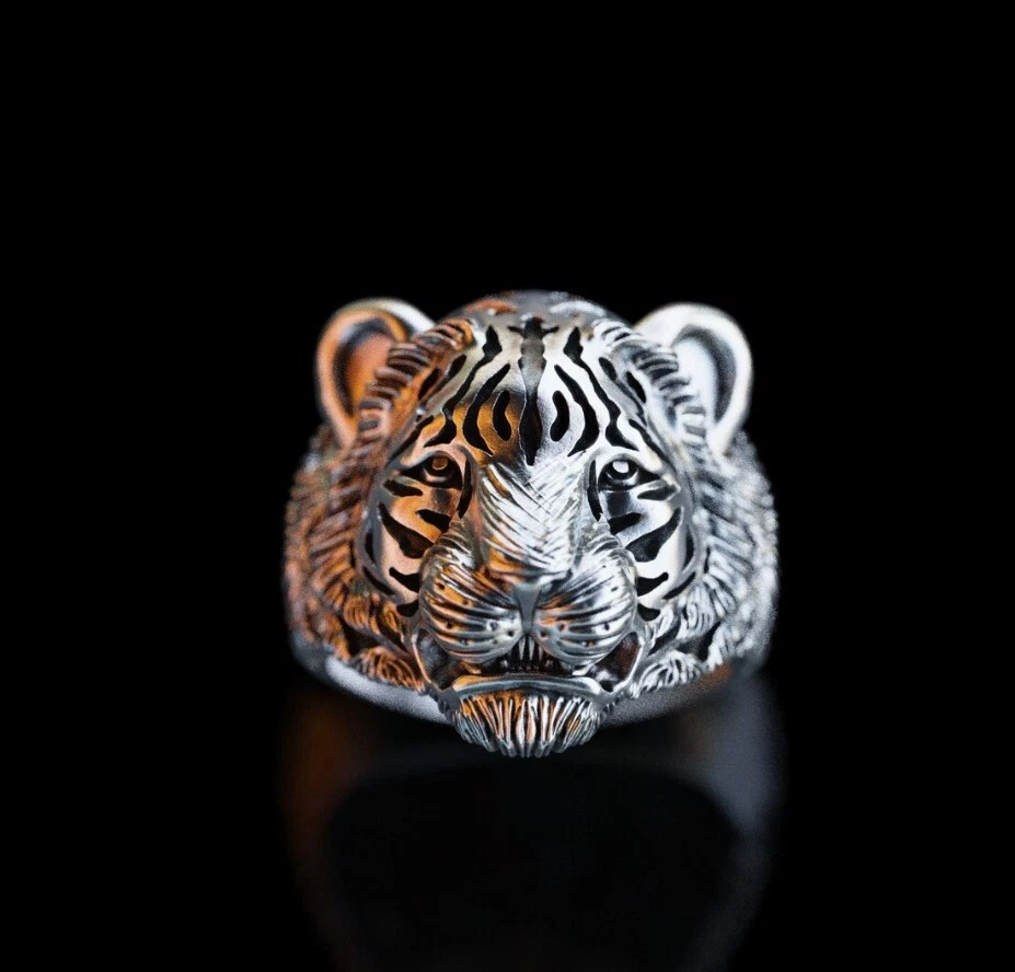 Handmade Silver 3D Tiger Head Men’s Ring – Wild Animal Band – Best Dad Gift - Image 1 of 1