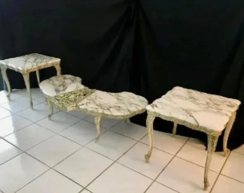 Antique French Set Of Finely Carved Wood Tables with Marble Tops furniture Cover