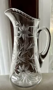 "Jarra de vidrio corte período brillante americano ABP patrón de hojas de flores 11"" de alto" - Imagen 1 de 7