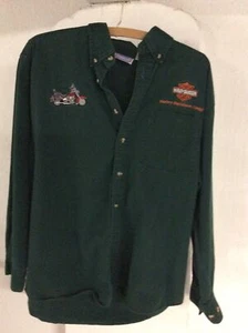 RARE Credit Harley Davidson Long Sleeve Button Up Green Shirt 100% Cotton Mens S - Picture 1 of 7