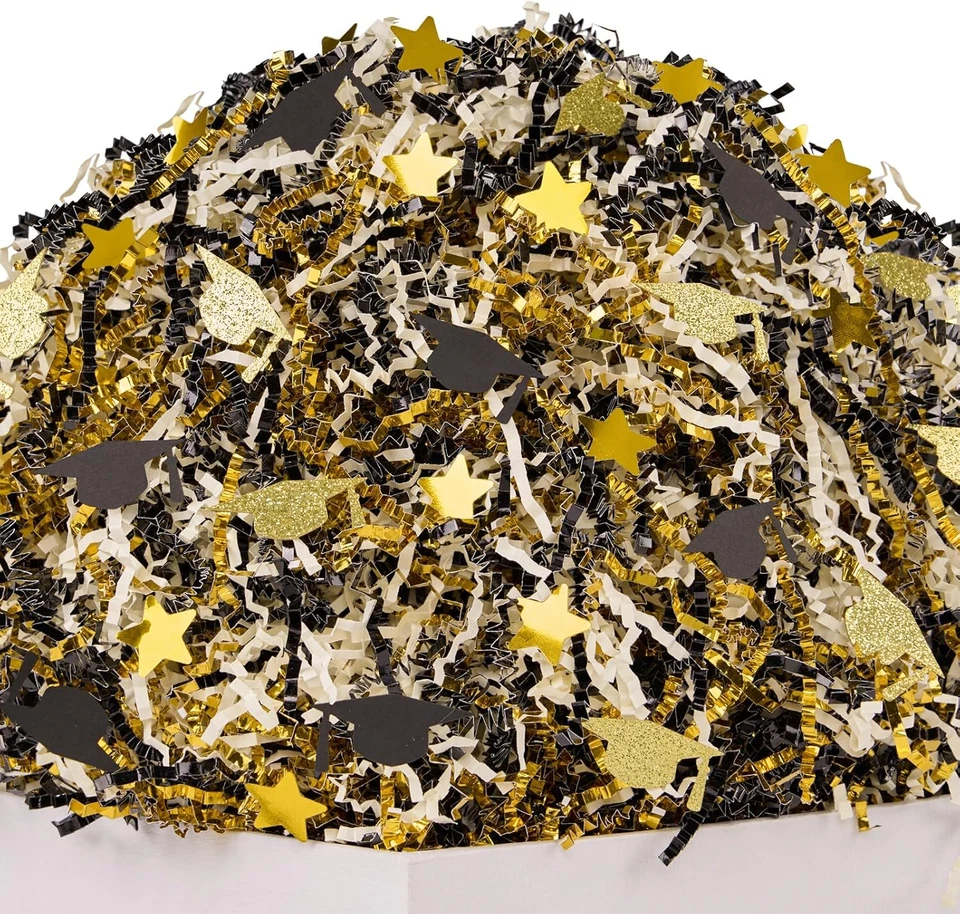 Papel de graduación de 1 LB con tapa de graduación con confeti de estrella, negro metálico dorado Foto 1 de 4