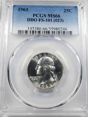 1963 DOUBLED DIE OBVERSE FS-101 (023) PCGS MS65 1966 DDO WASHINGTON QUARTER - Image 1 of 4