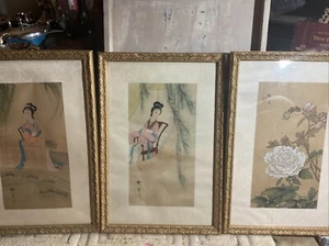 3 X HANDMALEREI AUF SEIDE - CHINESISCHE BILDER, 2 GLASIERT, TEILWEISE VERZOGEN, SIEHE BILDER - Bild 1 von 24