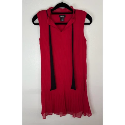 DKNY Red Pleated Sleeveless Shift Dress With Black Ties Size 2 - Image 1 of 3