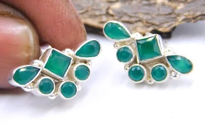 Created Emerald Gemstone 925 Sterling Silver Handmade Tops Earring Size 0.5" - Image 1 of 4