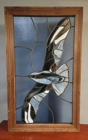 Heavy Framed Stained Glass Window With Blue Bird 34" x 22" Cover
