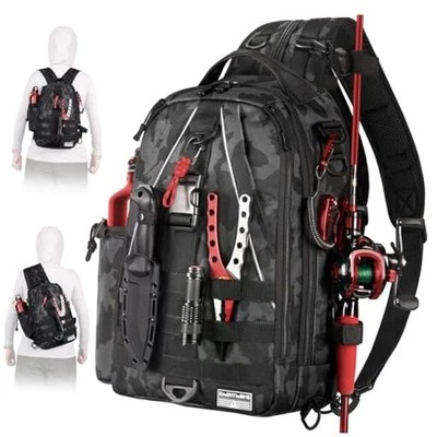  Mochila de pesca con soporte para caña - Bolsa honda para aparejos - Fly A. camuflaje negro Foto 1 de 4