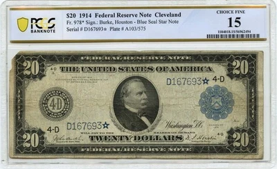 1914 $20 Federal Reserve Note Cleveland FR# 978* PCGS F15 Star - Image 1 of 2