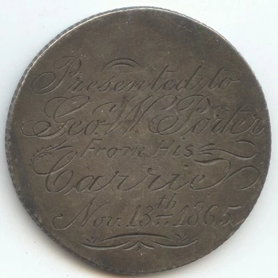 Love Token, México 8 Reales, To Geo. W. Porter de Carrie, 13 de noviembre de 1865 Foto 1 de 2