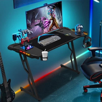 Gaming Schreibtisch Tisch mit LED 120/140cm Schwarz Computertisch Arbeitstisch - Bild 1 von 4