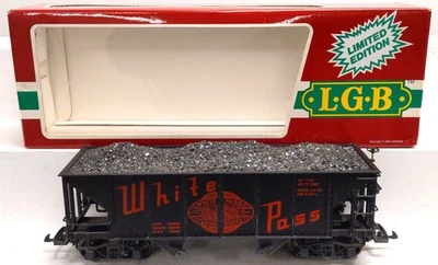 LGB 4076-W02 G Scale White Pass 2-Bay Hopper w/ Coal Load LN/Box - Image 1 of 4