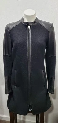 Abrigo para mujer Danier negro mezcla de lana y ribete de cuero cremallera completa XS Moto Feel  Foto 1 de 4