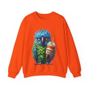 Funny Coffee Parrot Sweatshirt “Morning Boost” Unisex Cozy Fall Pullover - Picture 1 of 21