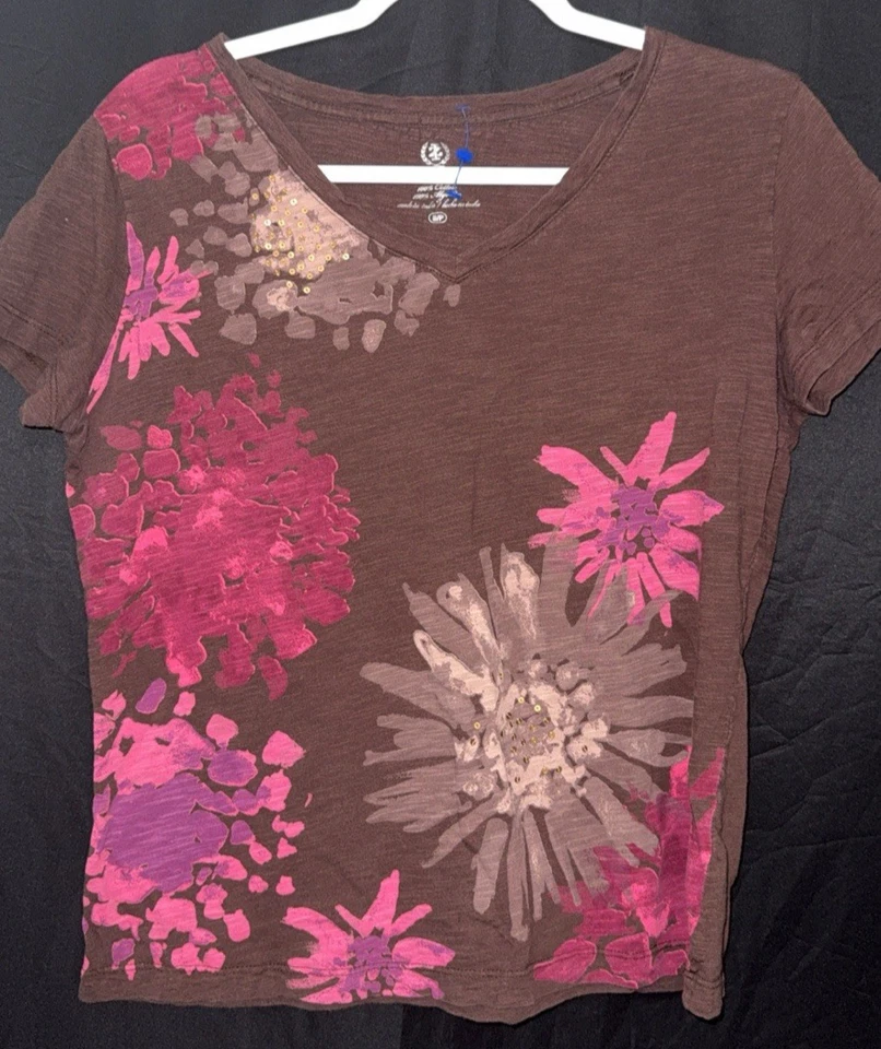Y2K Izod Women’s Brown FLORAL VNECK TOP SIZE SMALL PRE OWNED - Image 1 of 1