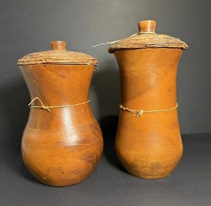 ** 2 Wood Vases 10” & 9” Decor Canister W/ Lid Twine Wrapped Top Primitive F1v - Picture 1 of 14