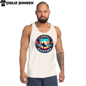 Men’s Colorful Hawaii Surfing Graphic Tank Top - Vintage Style - Picture 1 of 15