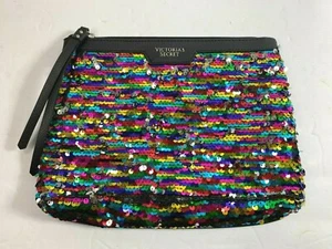  Victoria Secret Rainbow & Silver Sequins/Faux Leather Make Up Bag Clutch - Picture 1 of 5