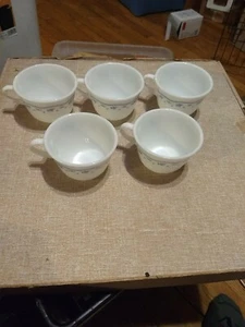 Set of 5 Vintage Pyrex Blue Morning Flower Milk Glass Coffee Tea Cups, Nice! - Picture 1 of 11