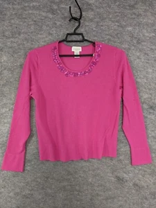 Studio Works Top Womens Medium Pink Knit Pullover Long Sleeve Beaded Neckline - Picture 1 of 11