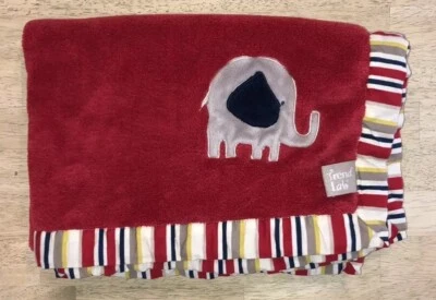 Trend Lab Baby Blanket Red Plush Grey Elephant Yellow Navy Stripe Lovey - Image 1 of 4