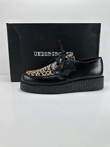 Underground Women's Original Leather Leopard Print Wulfrun Creeper Shoes, Black - Picture 1 of 10