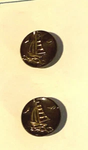 2 Black Glass Sailboat Buttons With Gold Luster, Original BGE Card, West Germany - Picture 1 of 6