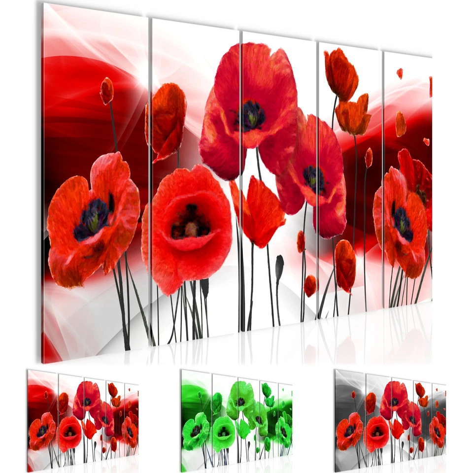 Wandbilder Set Blumen Mohnblumen XXL Bild für Wohnzimmer schwarz weiß rot grün - Bild 1 von 1