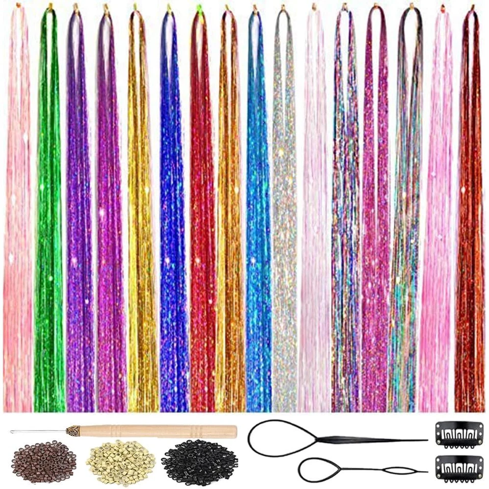 Hair Tinsel Fairy Sparkling Shiny Extensions Colorful Synthetic 16 Colors 48 in