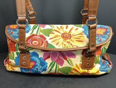 Relic Handbag RL5742124 w/ Canvas Floral Print  Brown Leather Straps EUC 14x7x4" - Image 1 of 4