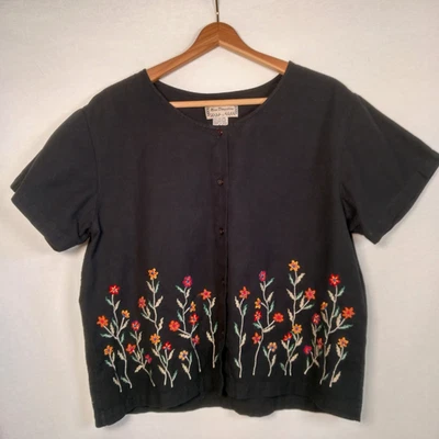 Blusa Camisa De Colección New Directions Mujer XL Negra Bordada Flores Corta Slv Foto 1 de 4