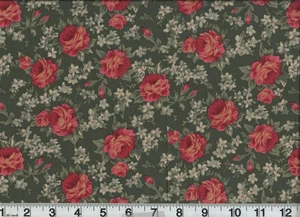 1 Yard Fabric Floral Pink Flowers on Green Cotton 44" Wide Vintage 1960s 70s - Picture 1 of 1