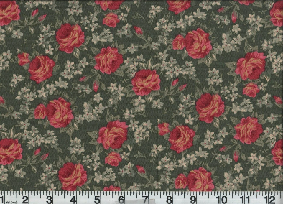1 Yard Fabric Floral Pink Flowers on Green Cotton 44" Wide Vintage 1960s 70s - Image 1 of 1