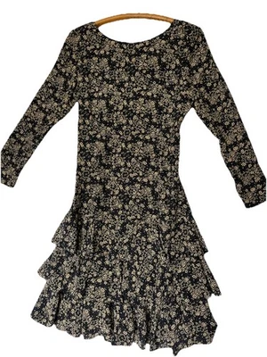 Vestido Ambria Vintage 100% Seda Negro Dorado Floral Cintura Caída Volantes Parte Inferior Talla 8 Foto 1 de 4