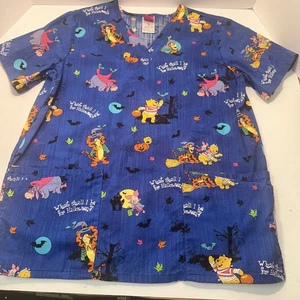 Disney Size Small Winnie The Pooh Halloween Scrub Top VNeck Eeyore Tigger Piglet - Picture 1 of 3