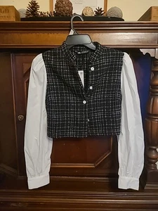 Zara Damen Tweed Popeline Blazer Schwarz Jacke Baumwolle Gr. M Neu mit Etikett - Bild 1 von 3