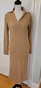 Elie Tahari wool cashmere blend ribbed knit sweater midi dress Sz M caramel tan - Picture 1 of 9
