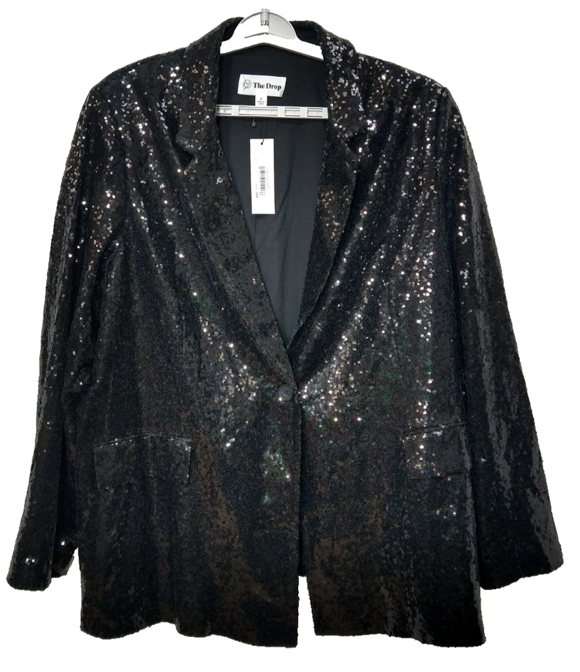 Glam Festive Party Holiday Christmas New Years The Drop Black Sequin Blazer 3x - Image 1 of 4